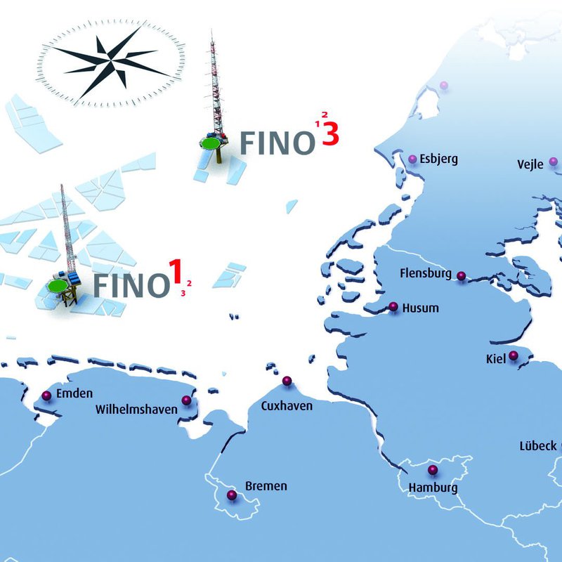 Karte mit den drei Forschungsplattformen FINO 1, 2 und 3.